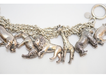 Sterling Silver Safari Animals On Chain Charm  Bracelet #48
