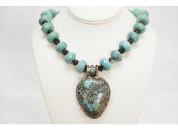Turquoise And Silver Pendant Necklace  #34