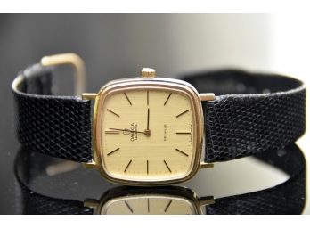 OMEGA DE VILLE Quartz 18K Yellow Gold Unisex Watch With Black Leather Band