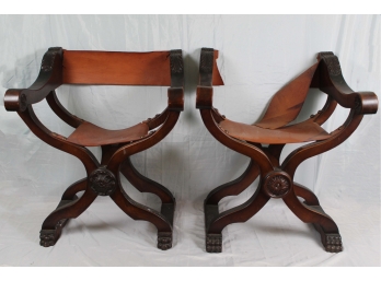 Antique 18th Century Italian Mahogany And Leather X Form Claw Foot Savonarola Arm Chairs -READ