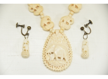 Vintage Carved Bone Elephant Necklace With Matching Earrings