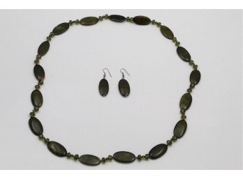 Olive Green Glass Beaded Necklace With Matching Earrings
