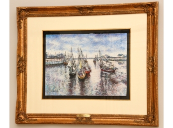Authentic H. Claude Pissarro Pastel 'Honfleur: Barques De Peche Dans Le Port'