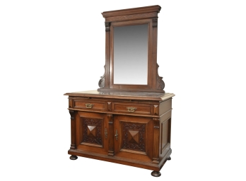 Antique Marble Top Cabinet With Upper Attached Mirror