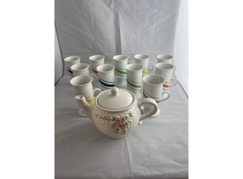 Teleflora White Teapot And Vintage Pedestal Mugs Set Of 11