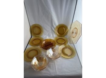 Lot Includes Candy Dish Depression Glass Set Of 2, Set Of 6 Amber Glass Plates, Vintage Divided Dish,  Plate