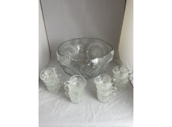 Lot Of Crystal Punch Bowl & 12 Glass Cup Set