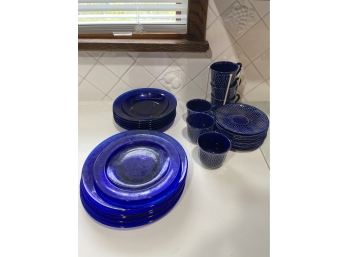 Blue China Lot - Glass (13 Pc), Made In France (16 Pc) - 29 Pc