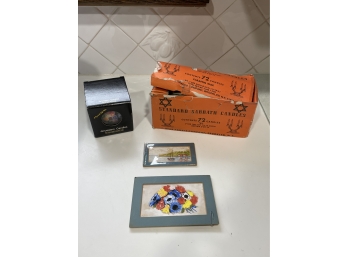 Two Small Watercolors And Candles Lot - 4 Pc