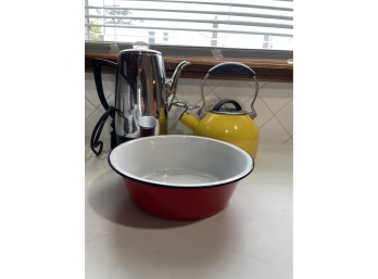 Three Pc Lot - Coffee-Metic, Chantal Tea Kettle (yellow), Red Enamel Bowl