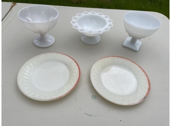 Two Fire King Plates And Milk Glass Compote Lot