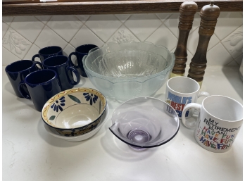 Misc. Kitchen Lot - Glass Bowls, Mugs And Salt/Pepper Shakers Lot