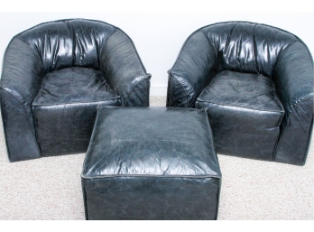 Pair Of Modern Navy Leather Barrel Chairs With Matching Ottoman