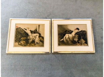 Pair Of Framed Signed Louis Icart Paintings - Silver Frames - Black And White With Peach Accents