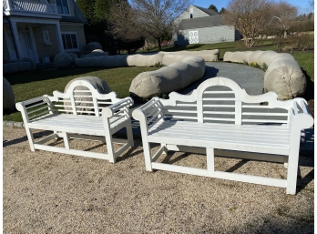 Pair Of Painted White Wood Benches - Outdoor