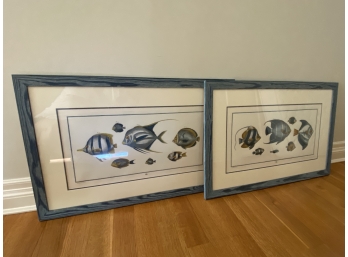 Pair Of Fish Bontanicals In Rustic Blue Wood Frames
