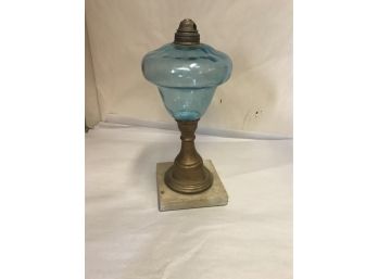 Antique Blue Glass Oil Lamp On Marble Base