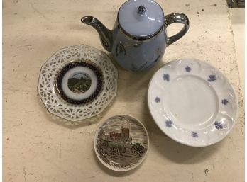 Porcelain Lot Blue Teapot Plates Etc