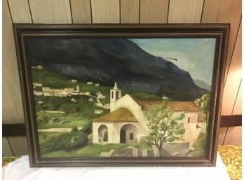 Oil On Canvas Painting European Village Scene