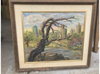 1950 Oil Painting New York City Skyline From Park