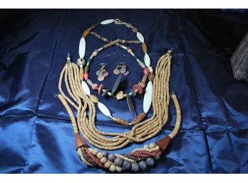 167-3 Wood Necklaces, 1 Choker, Pair Of Earrings
