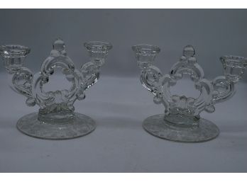 Rose Point Cambridge Glass Elegant Matching Candle Holders - 2
