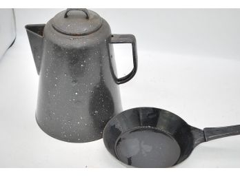 Graniteware Coffee Pot And Fry Pan -19