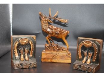 Bronzed Book Ends And Carved Elk