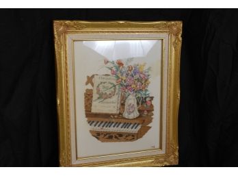Framed And Matted Needlepoint Piano And Flowers