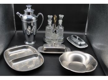 Lot Of Stainless Steel, Cruets, And Cocktail Shakers