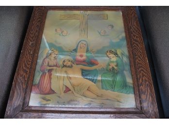 Religious Icon In Vintage Oak Frame Lot B