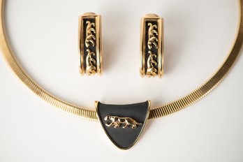 Stunning Black And Gold Tone Panther Earrings Necklace Set Jewelry