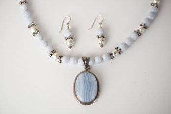 Sterling And Blue Lace Agate Beaded Necklace Pendant Earring Set Jewelry