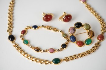 Scarab Gold Tone Jewelry Set Necklace Bracelet Screw Back Earrings Brooch