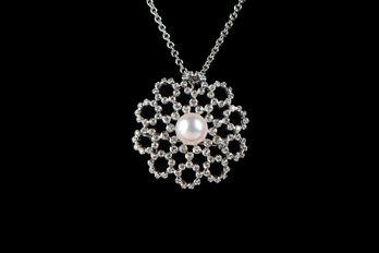 Mikimoto Cultured Akoya Pearl & Diamond 18K White Gold Brooch Pendant Necklace W/Certificate Ret. Value $7,800