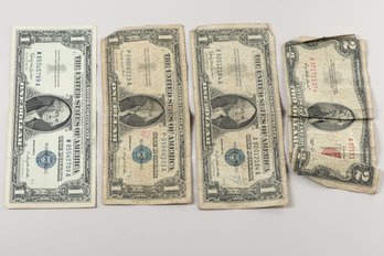 3 $1 Silver Certificates 1 1953 Red Seal $2 Bill