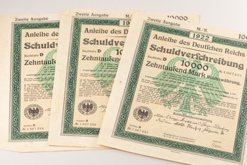 3 Consecutive 1922 German 10000 Mark Bond Coupons (SKU 61)
