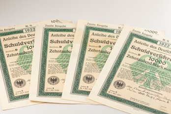 4 Consecutive 1922 German 10000 Mark Bond Coupons (SKU 62)