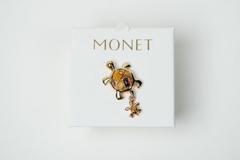 Vintage Monet Jewelry Mother & Baby Turtles Gold Tone Rhinestones Brooch