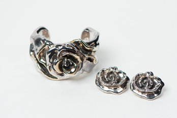 Sterling Silver Chunky Rose Clip On Earrings W/ Bracelet