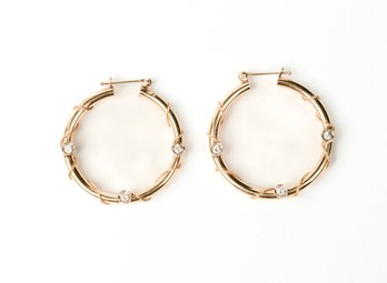 Vintage 14k Gold Hoop Earrings Wrapped W/ Gold Rope And White Diamonds