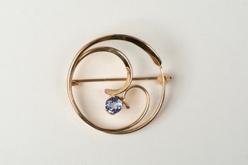 14k Gold Brooch W/ Blue Rhinestone Jewelry