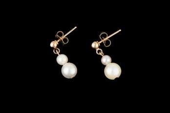 14k Yellow Gold Pearl Drop Earrings W/ 14k Backings