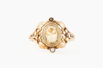 Bernard Instone? Art Nouveau/arts And Crafts 14k Yellow Gold Citrine & Pearl Floral Ring - Size 7.25
