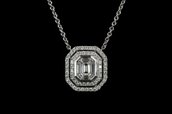 18k White Gold Double Halo Cluster Round Brilliant Cut Diamond & Center Emerald Cut Pendant 14k Chain Necklace