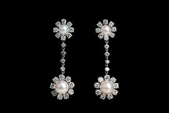 Stunning 1970s Vintage Platinum Pearl & Diamond Dangle Earrings TCW 2.64