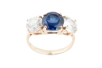 14K Yellow Gold Blue And Clear Zirconia Three Stone Ring - Size 6.75