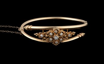 Antique Etruscan Revival 14k Yellow Gold Diamond Hinged Bypass Bracelet