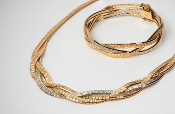 Incredible Vintage 18k Gold 3 Toned Interwoven Necklace & Bracelet Set Jewelry