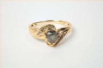 Beautiful 10k Gold Ring W/small White Diamonds And Large Grey/watermelon Stone